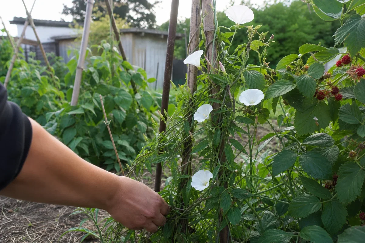 Gemüsebeet im Sommer mit Ackerwinde, die sich an Bohnenstangen und Himbeerruten hochrankt, kleine weiße Trichterblüten, eine Hand greift an einer Ranke am Boden.