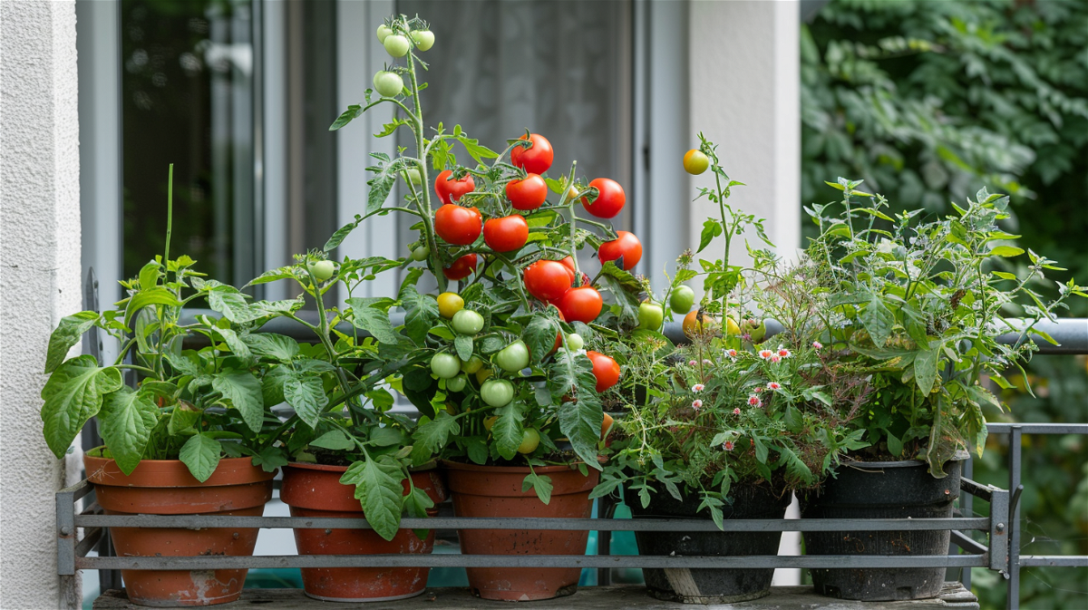 Tomatenpflanzen und Blumen auf Balkon.