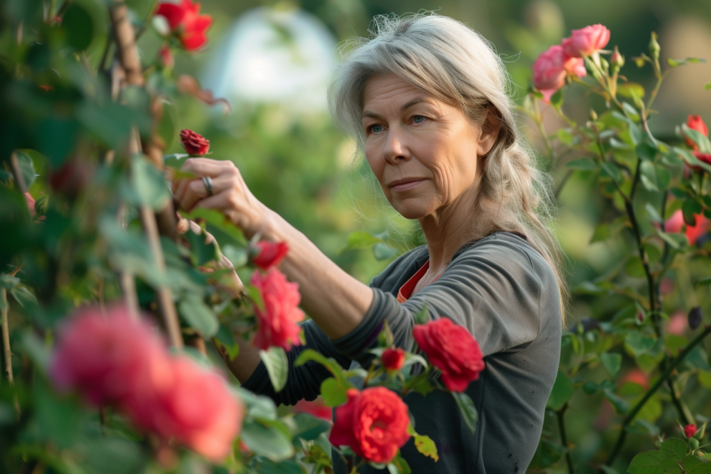 Frau pflegt rote Rosen im Garten.