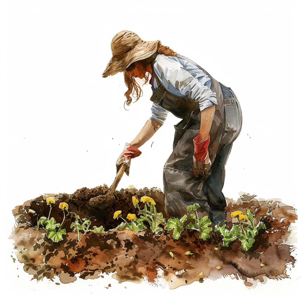 Frau bringt Kompost auf Blumen im Garten.