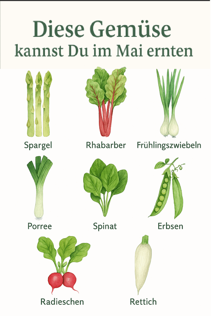 Im Mai ernte Spargel, Rhabarber, Erbsen, Spinat.
