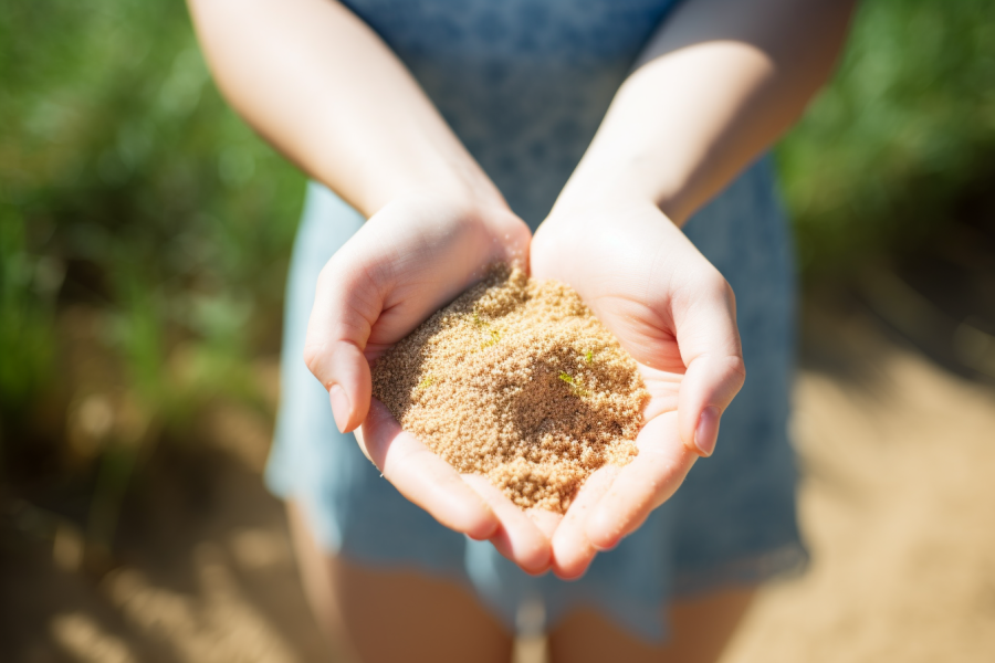 Eine Frauenhand mit Sand für Rasen