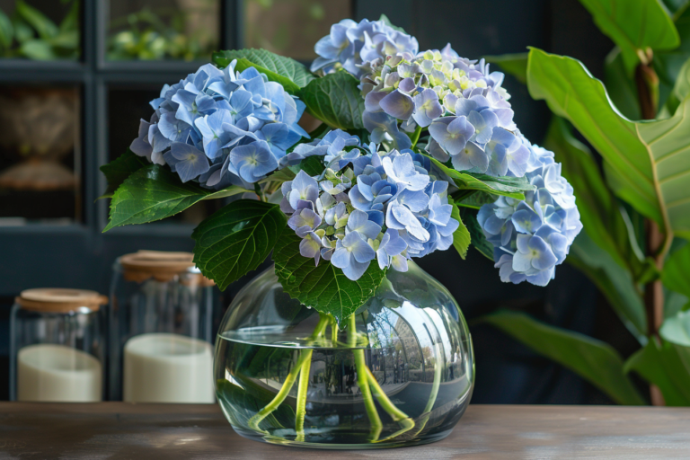 Blau-weiße Hortensien in Glasvase auf Tisch.