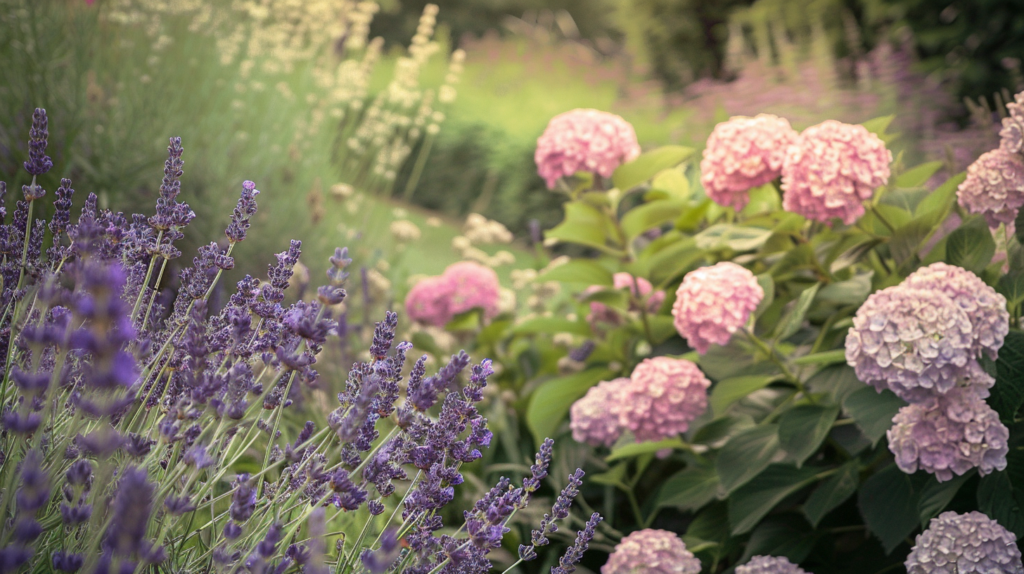 Lavendel und Hortensien im Garten.