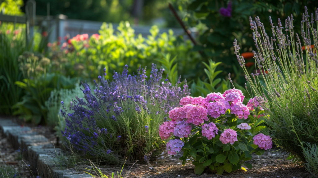 Blühender Garten mit Lavendel und Hortensien.