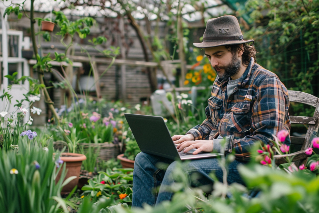 Mann arbeitet mit Laptop im Garten.