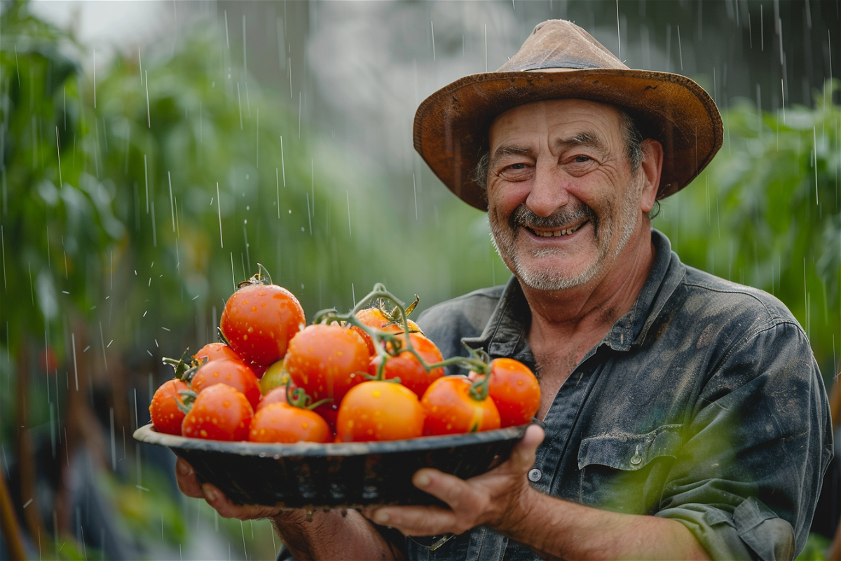 Mann mit Tomaten im Regen.