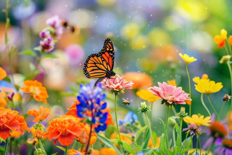 Monarchfalter auf Blume mit Bienen.