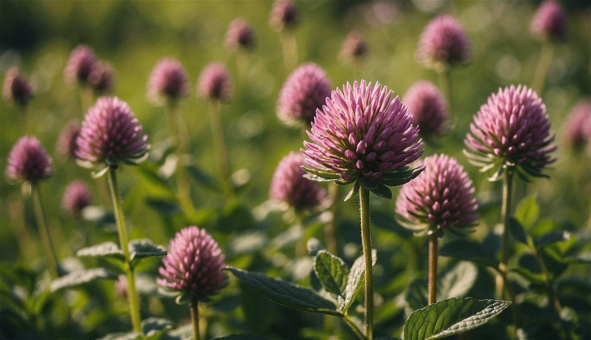 A field of seven native plants, including red clover, in a natural setting for soil rejuvenation