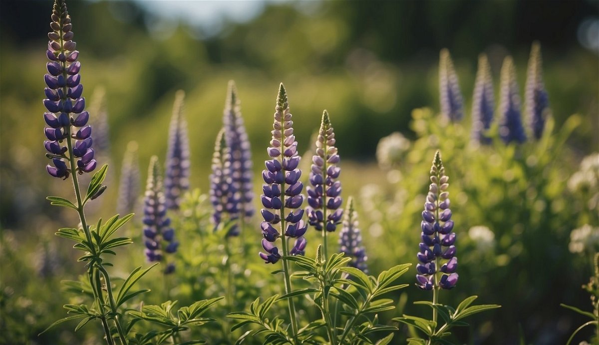 A field of native plants, including sweet lupine, in various stages of growth, with vibrant green leaves and colorful flowers, creating a diverse and thriving ecosystem