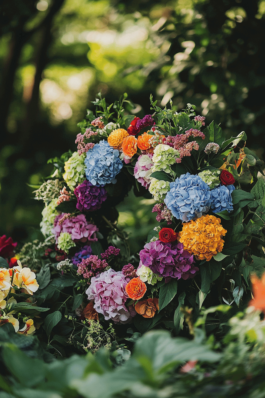 Bunter Kranz aus Hortensien und Chrysanthemen in einem Garten.