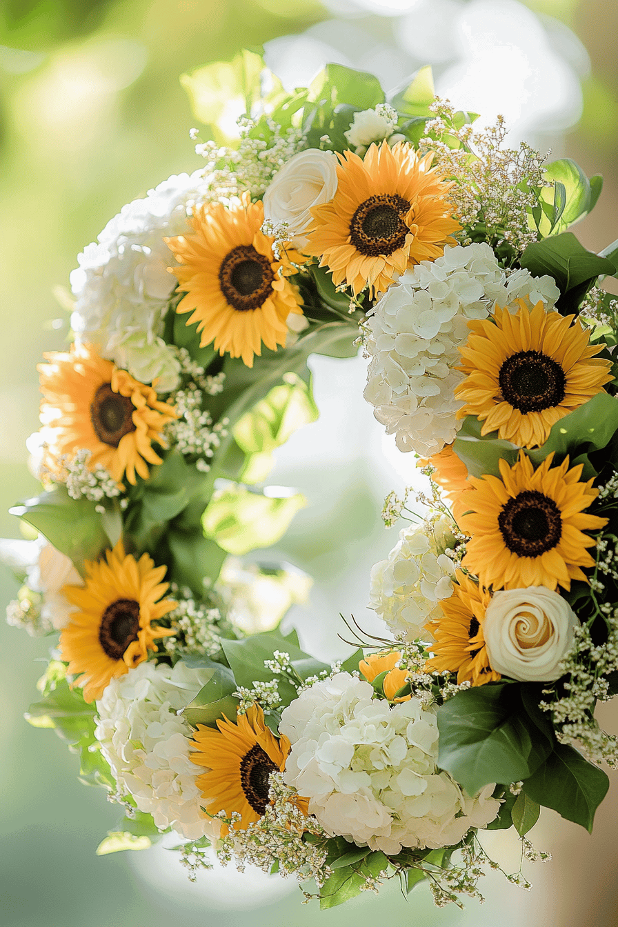 Ein bunter Kranz aus Hortensien, Sonnenblumen und Rosenblüten.