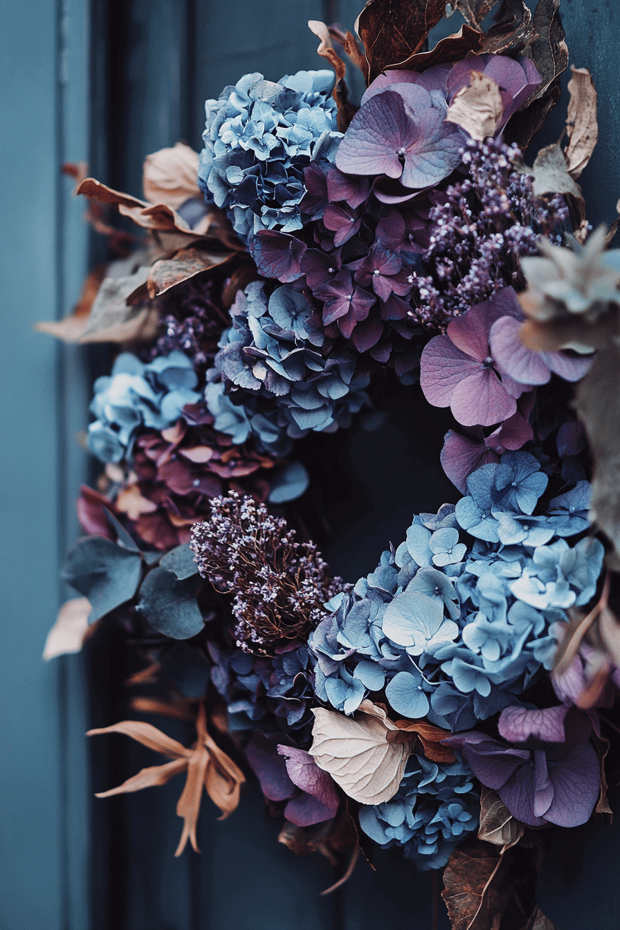 Ein Kranz aus blauen und violetten Hortensien gemischt mit Trockenblumen und Blättern.