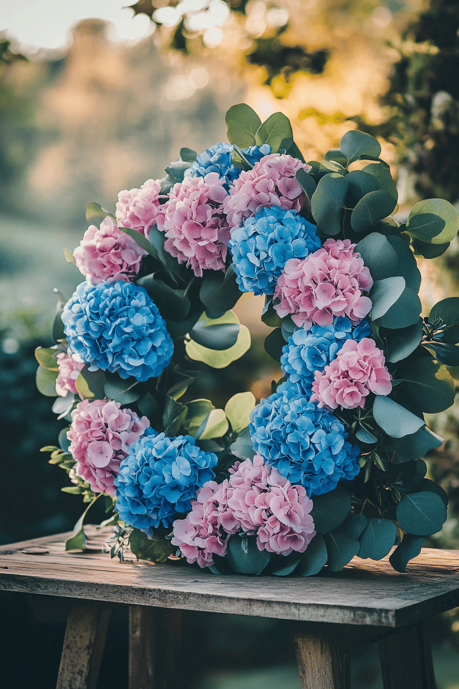 Ein Kranz aus blauen und rosa Hortensienblüten, kombiniert mit Eukalyptusblättern.