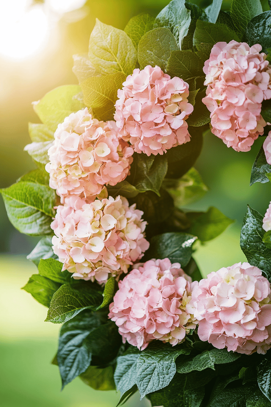Ein Hortensienkranz mit rosa Blüten und grünen Blättern, im Sonnenlicht leuchtend.