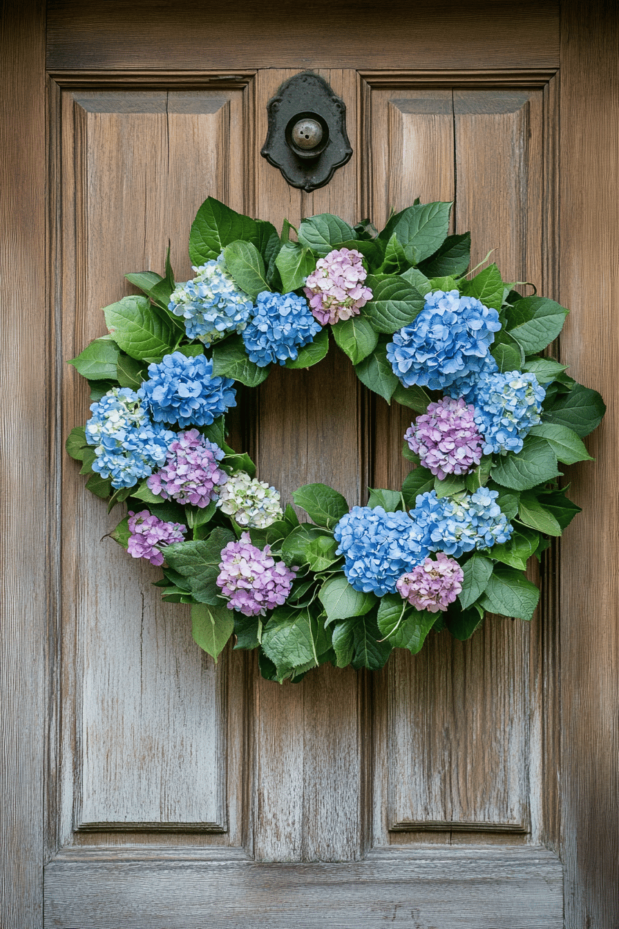 Ein üppiger Kranz aus blauen und violetten Hortensienblüten an einer Holztür.