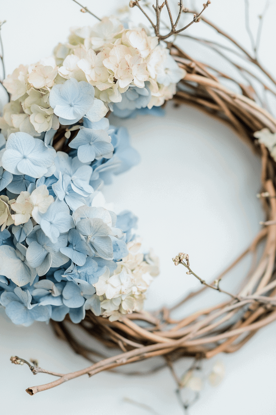 Ein minimalistischer Kranz aus Zweigen mit blauen und weißen Hortensienblüten.