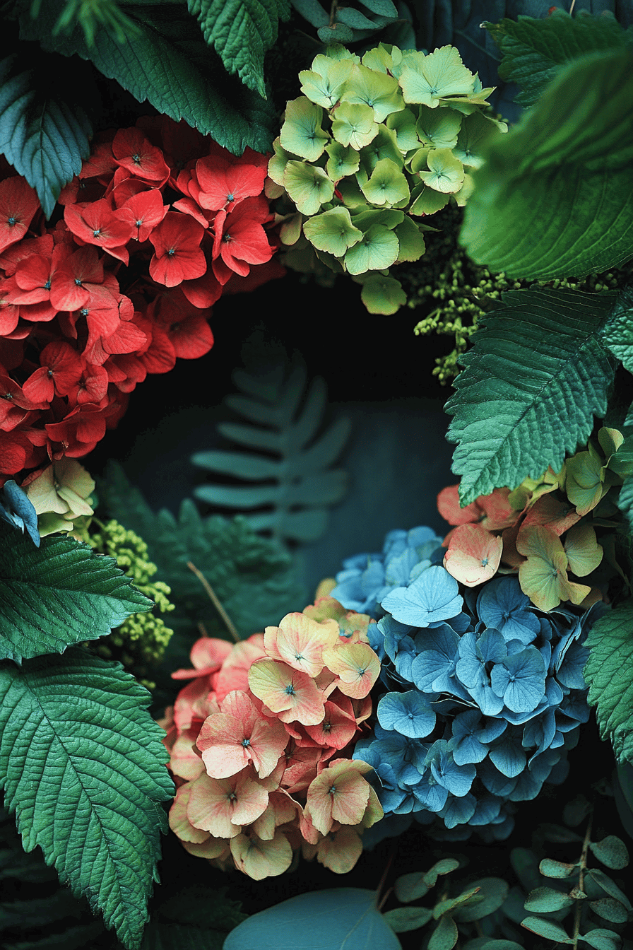 Ein Kranz aus farbenfrohen Hortensienblüten und grünen Blättern.