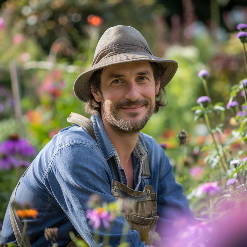 Mann im Garten mit Blumen