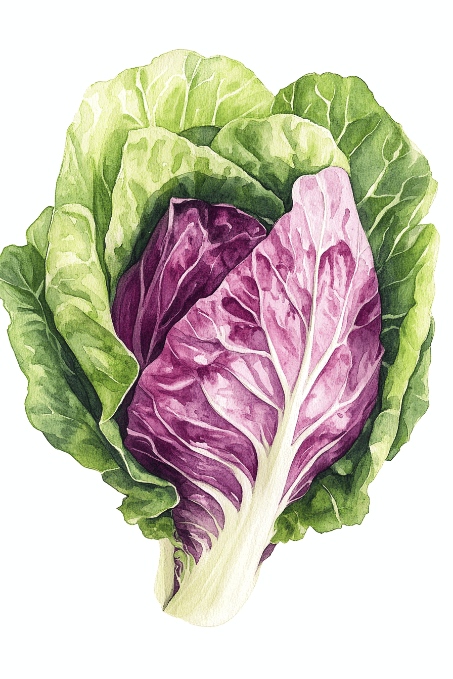 Illustration eines Asiasalats mit grünen und violetten Blättern.
