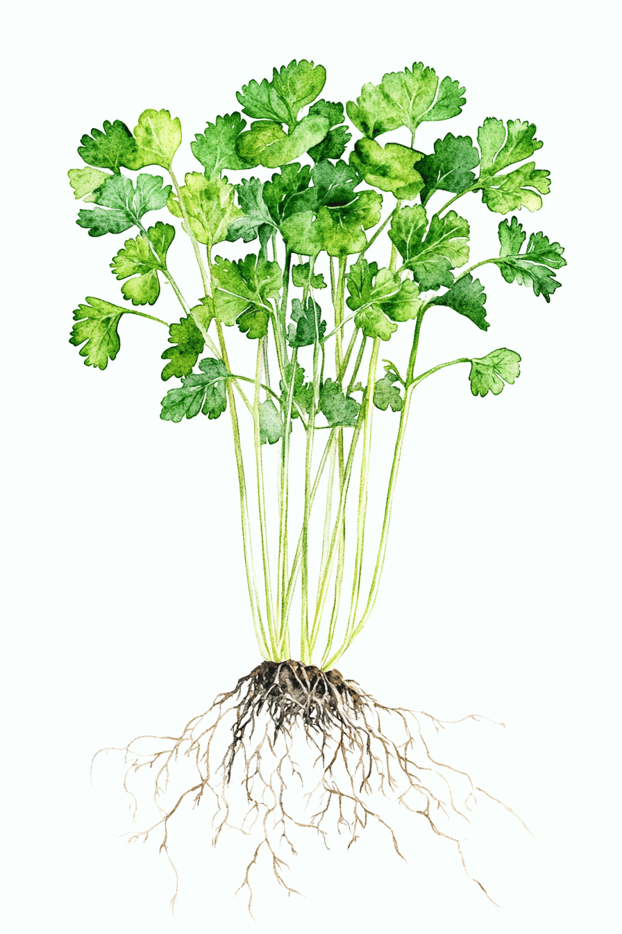 Illustration einer Korianderpflanze mit grünem Laub und Wurzeln.