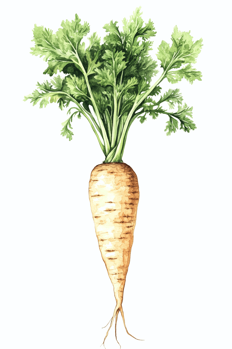 Illustration einer Pastinake mit grünem Blattwerk.