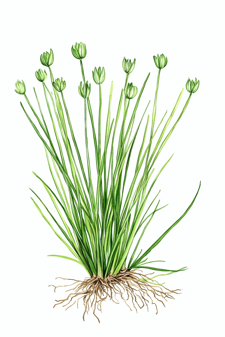 Illustration einer Schnittlauchpflanze mit Wurzeln und Blütenknospen.