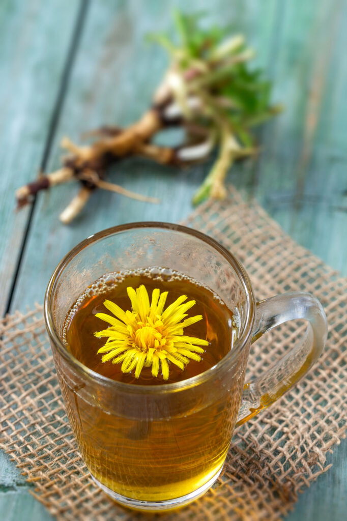 Löwenzahnwurzeltee mit Blüte auf Holztisch