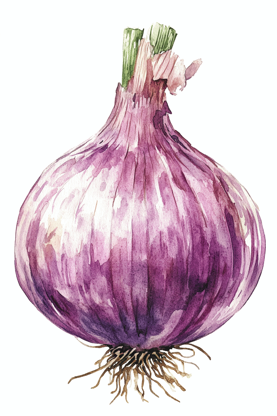 Aquarell Zeichnung einer roten Zwiebel mit grünen Spitzen.