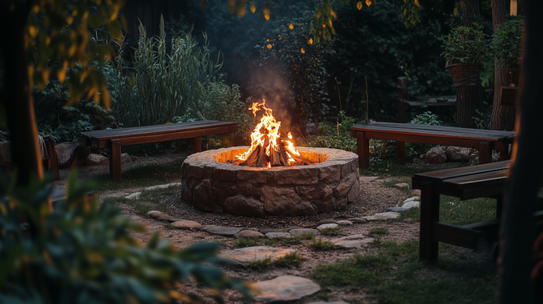 Lagerfeuer in einer Gartenfeuerstelle mit Bänken.